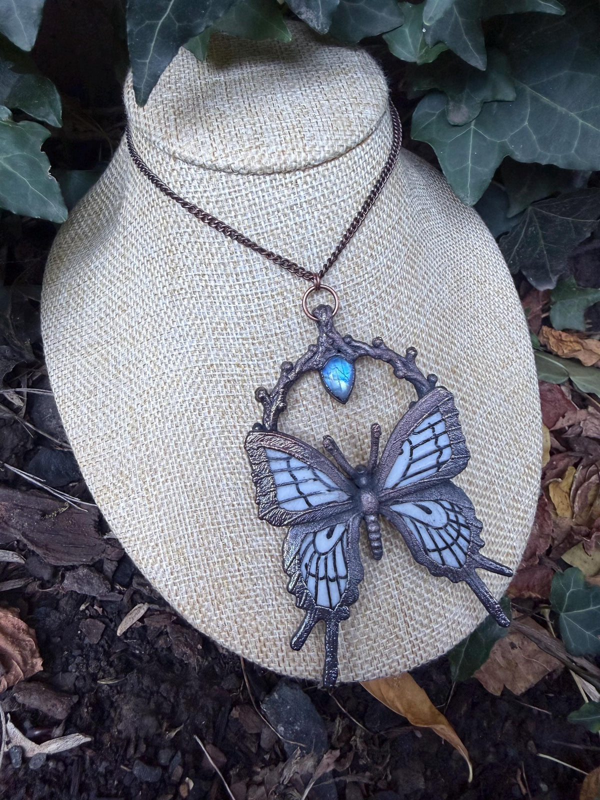 The Winter Omen • Electroformed Copper Butterfly Pendant • Moonstone • Gothic Nature Jewelry