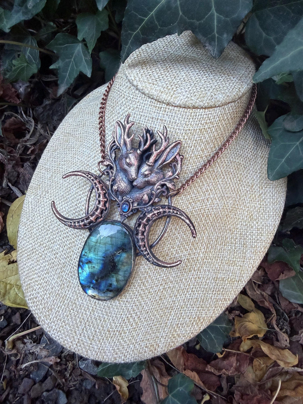 The Bonebound • Jackalope Labradorite and Moonstone Statement Necklace • Electroformed Copper