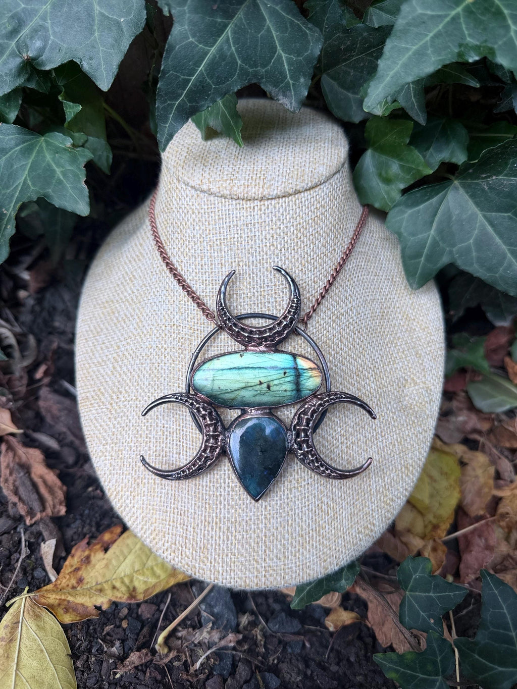 Triple Moon Labradorite Statement Necklace · Vertebrae Moons · Electroformed Copper