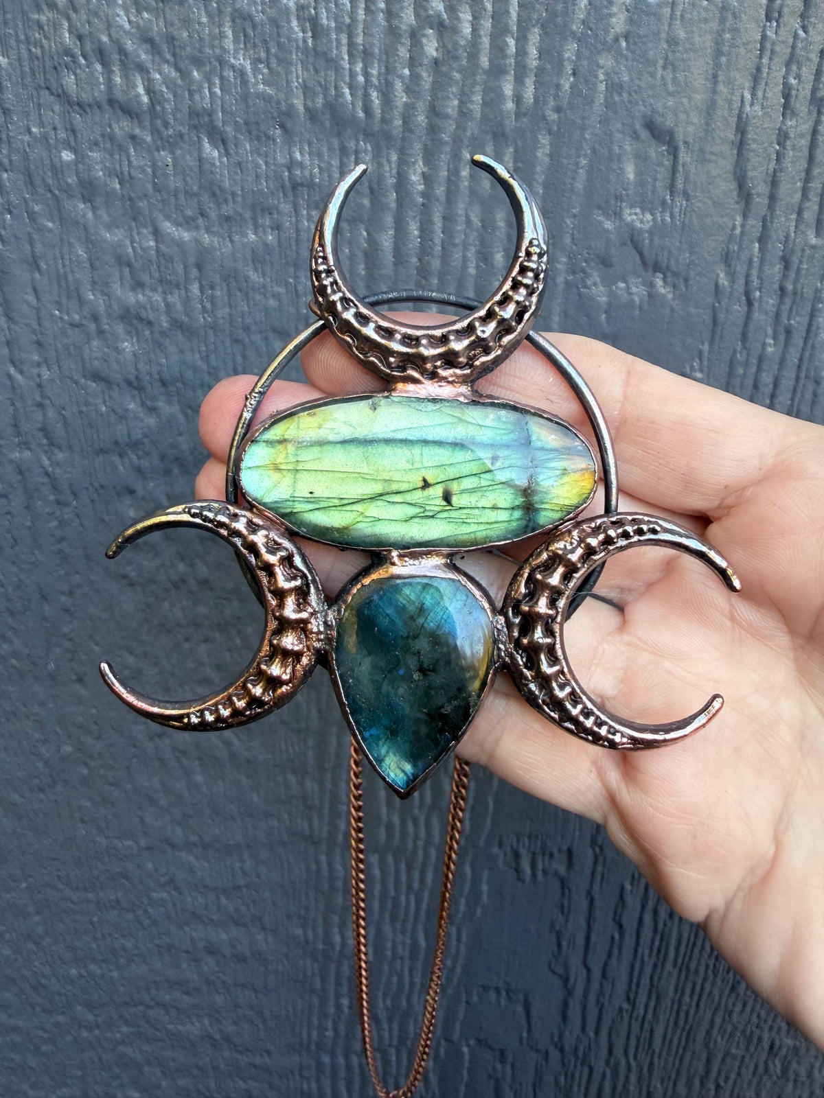 Triple Moon Labradorite Statement Necklace · Vertebrae Moons · Electroformed Copper