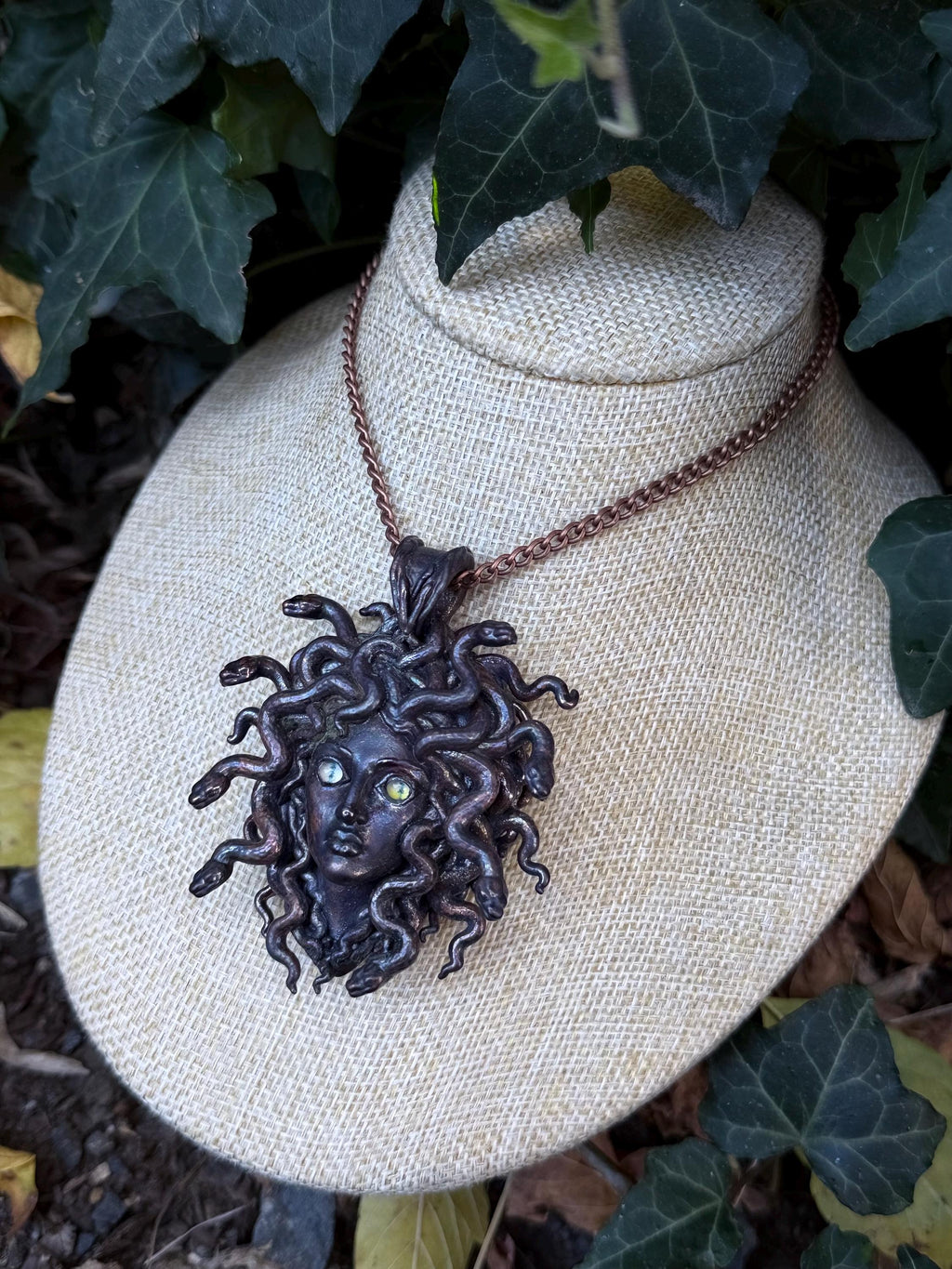 Medusa Necklace • Mismatched Cat Eye Gemstone Eyes • Electroformed Copper Snake Goddess Pendant • Gothic Greek Mythology Jewelry