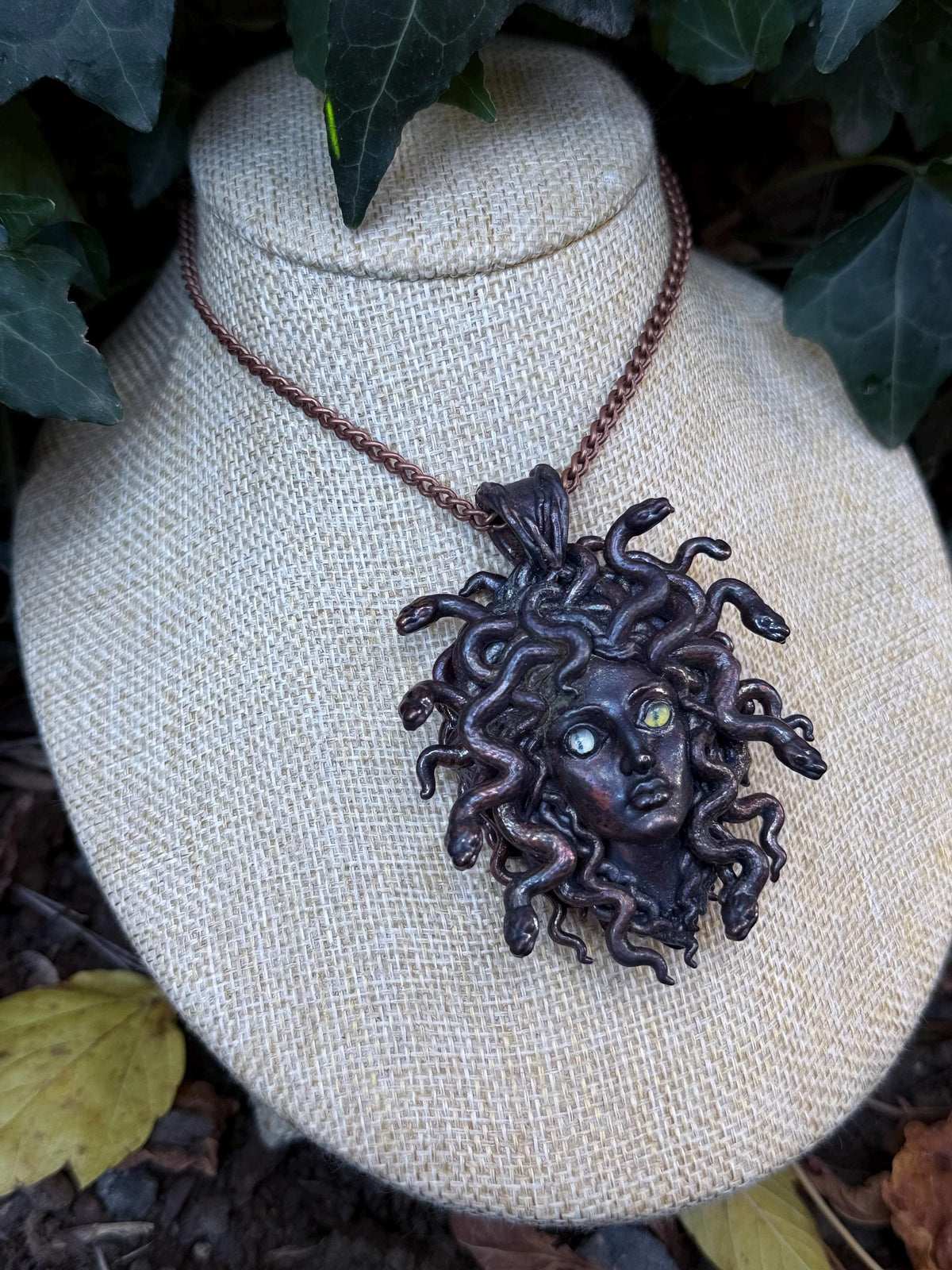 Medusa Necklace • Mismatched Cat Eye Gemstone Eyes • Electroformed Copper Snake Goddess Pendant • Gothic Greek Mythology Jewelry