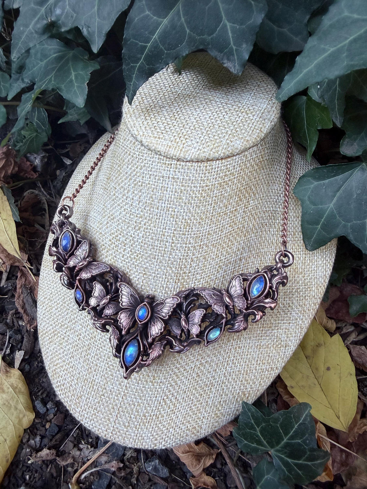 The Moonwing Garden · Electroformed Copper Butterfly Collar · Rainbow Moonstone Statement Necklace