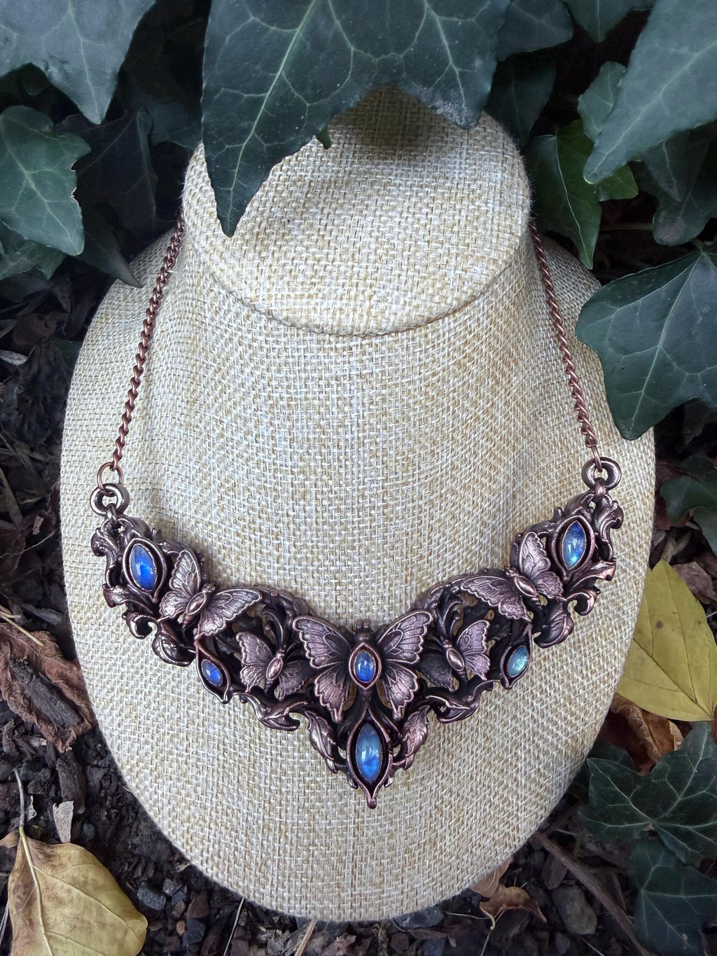 The Moonwing Garden · Electroformed Copper Butterfly Collar · Rainbow Moonstone Statement Necklace