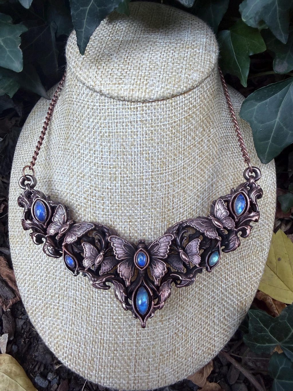 The Moonwing Garden · Electroformed Copper Butterfly Collar · Rainbow Moonstone Statement Necklace