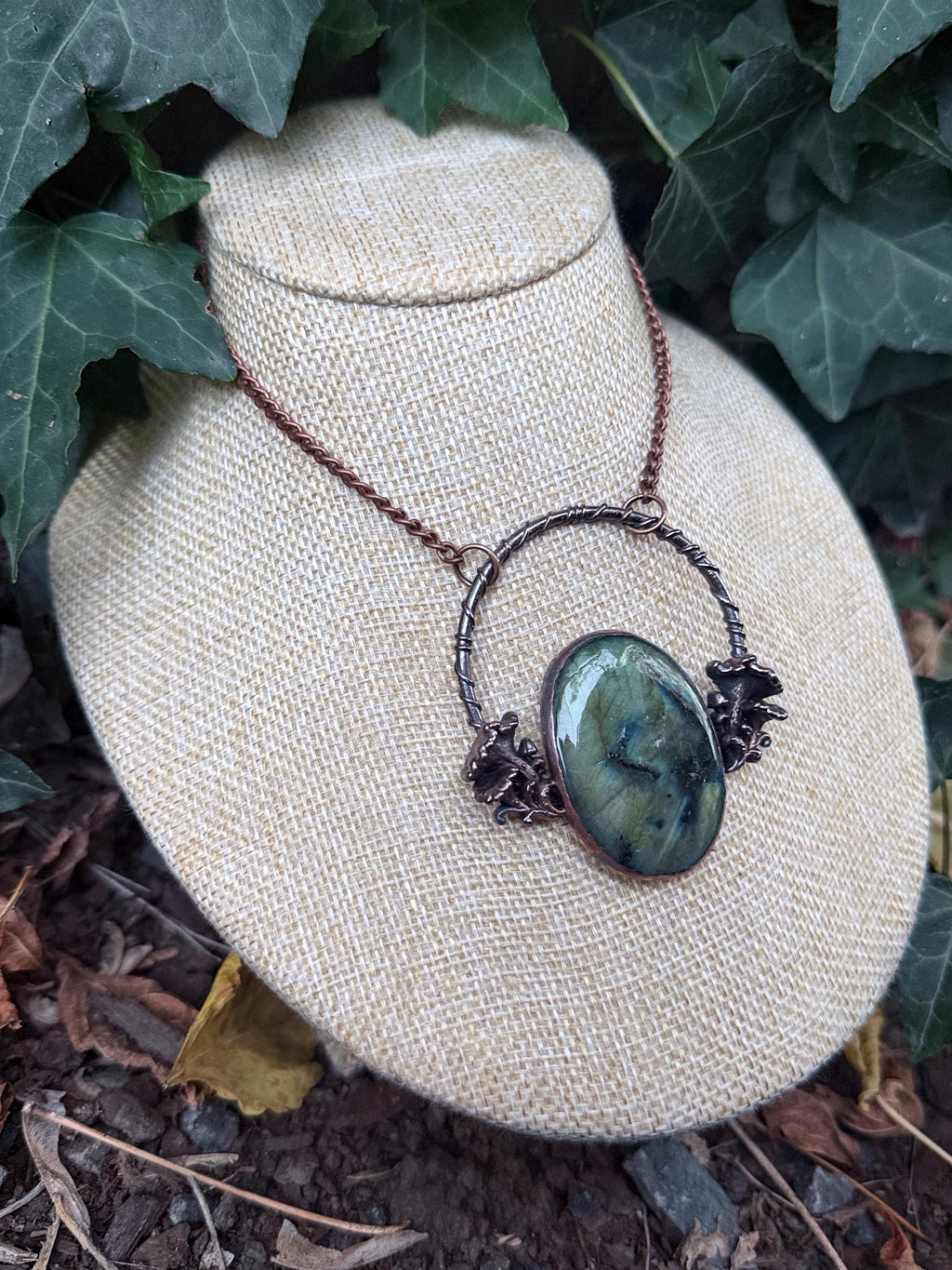 Labradorite Mushroom Necklace • Electroformed Copper Fungi Pendant • Gothic Woodland Jewelry • Witchy Forest Talisman