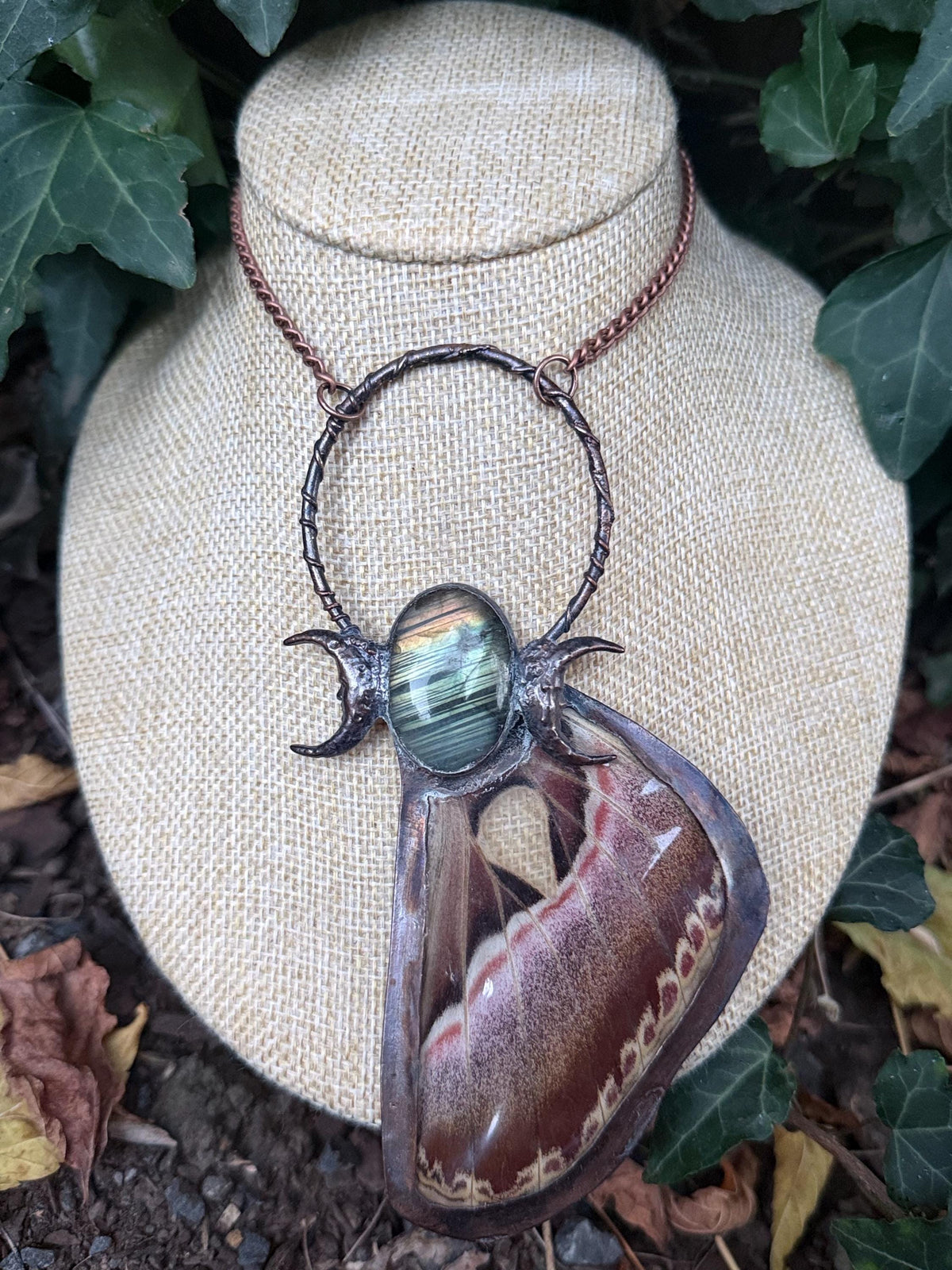 Luna Moth Wing Necklace • Labradorite & Crescent Moons • Electroformed Copper • Gothic Moth Jewelry • Celestial Statement Necklace