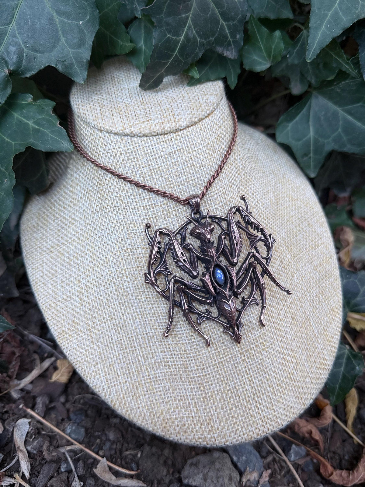 The Unholy Devotion • Electroformed Copper and Moonstone Praying Mantis Pendant • Biomechanical Gothic Jewelry