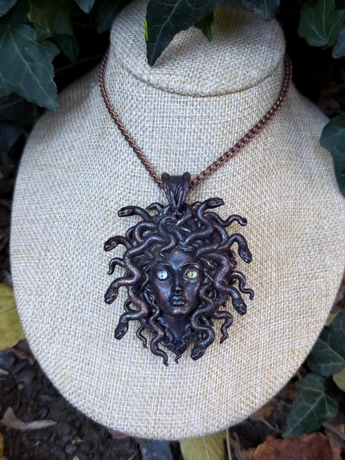 Medusa Necklace • Mismatched Cat Eye Gemstone Eyes • Electroformed Copper Snake Goddess Pendant • Gothic Greek Mythology Jewelry