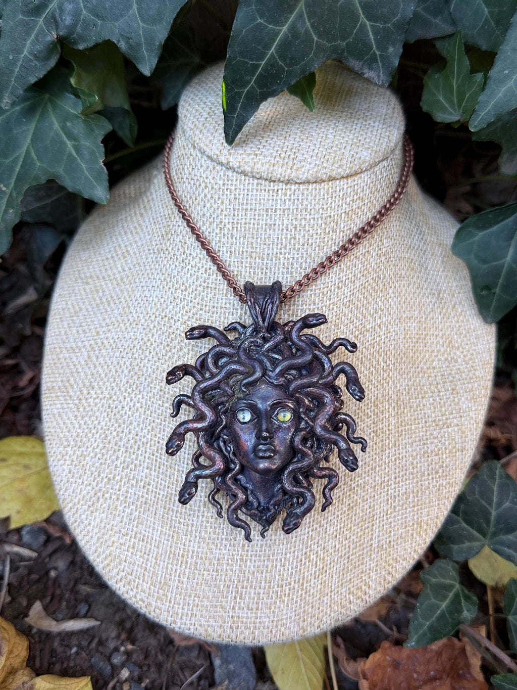 Medusa Necklace • Mismatched Cat Eye Gemstone Eyes • Electroformed Copper Snake Goddess Pendant • Gothic Greek Mythology Jewelry