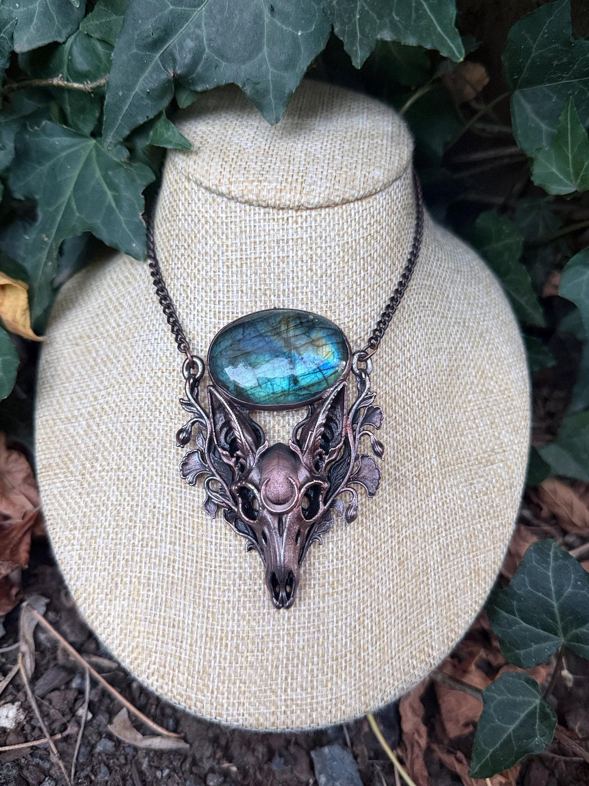 Fox Skull Necklace • Blue Labradorite & Botanical Copper Pendant • Gothic Woodland Jewelry • Electroformed Oddity Necklace
