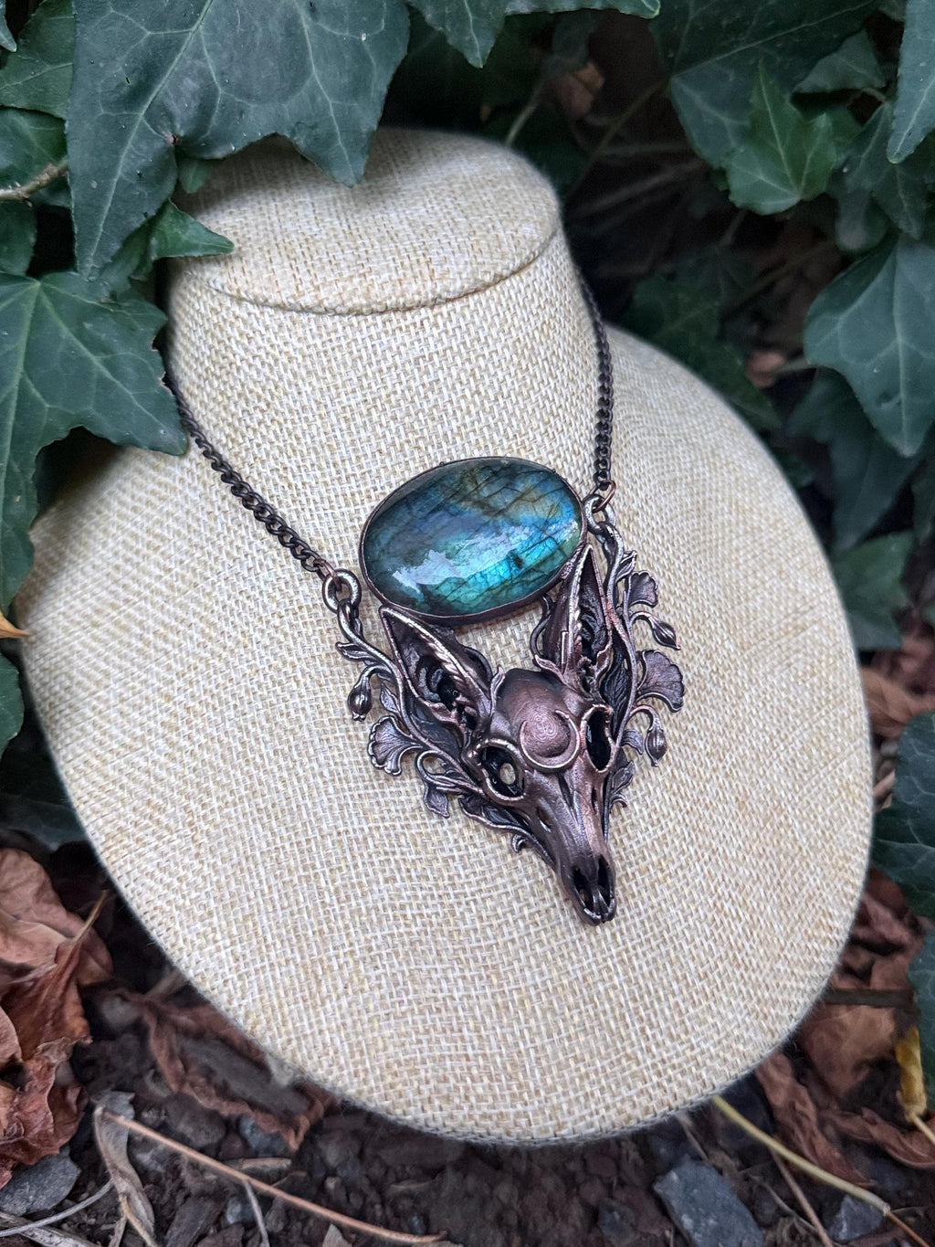 Fox Skull Necklace • Blue Labradorite & Botanical Copper Pendant • Gothic Woodland Jewelry • Electroformed Oddity Necklace
