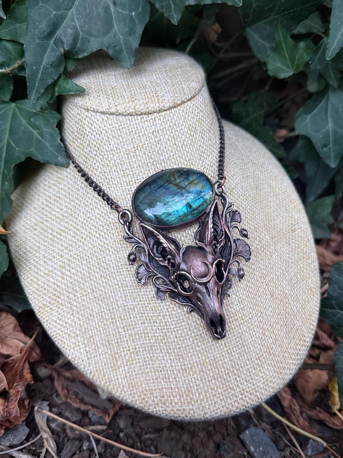 Fox Skull Necklace • Blue Labradorite & Botanical Copper Pendant • Gothic Woodland Jewelry • Electroformed Oddity Necklace