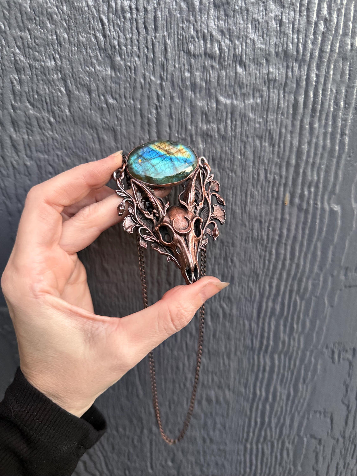 Fox Skull Necklace • Blue Labradorite & Botanical Copper Pendant • Gothic Woodland Jewelry • Electroformed Oddity Necklace