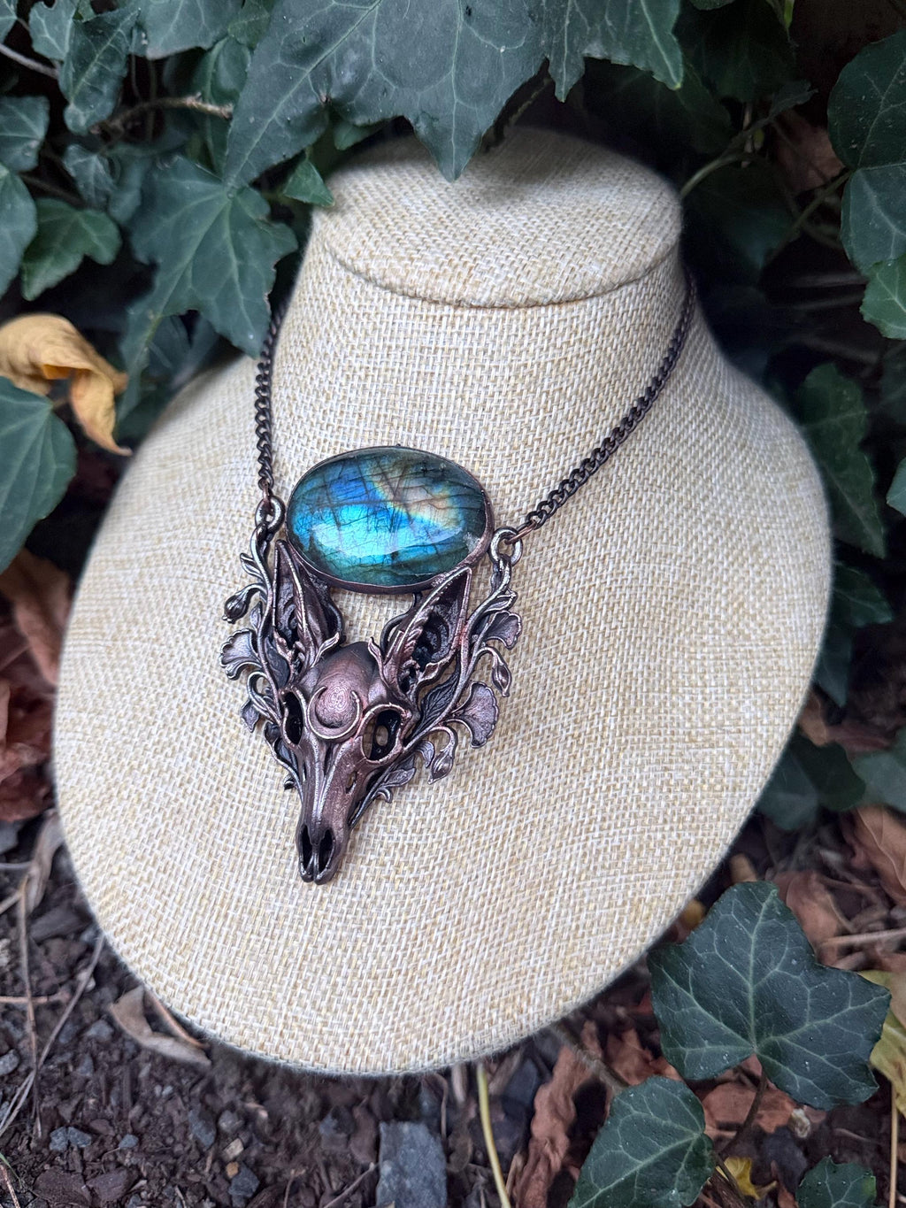 Fox Skull Necklace • Blue Labradorite & Botanical Copper Pendant • Gothic Woodland Jewelry • Electroformed Oddity Necklace