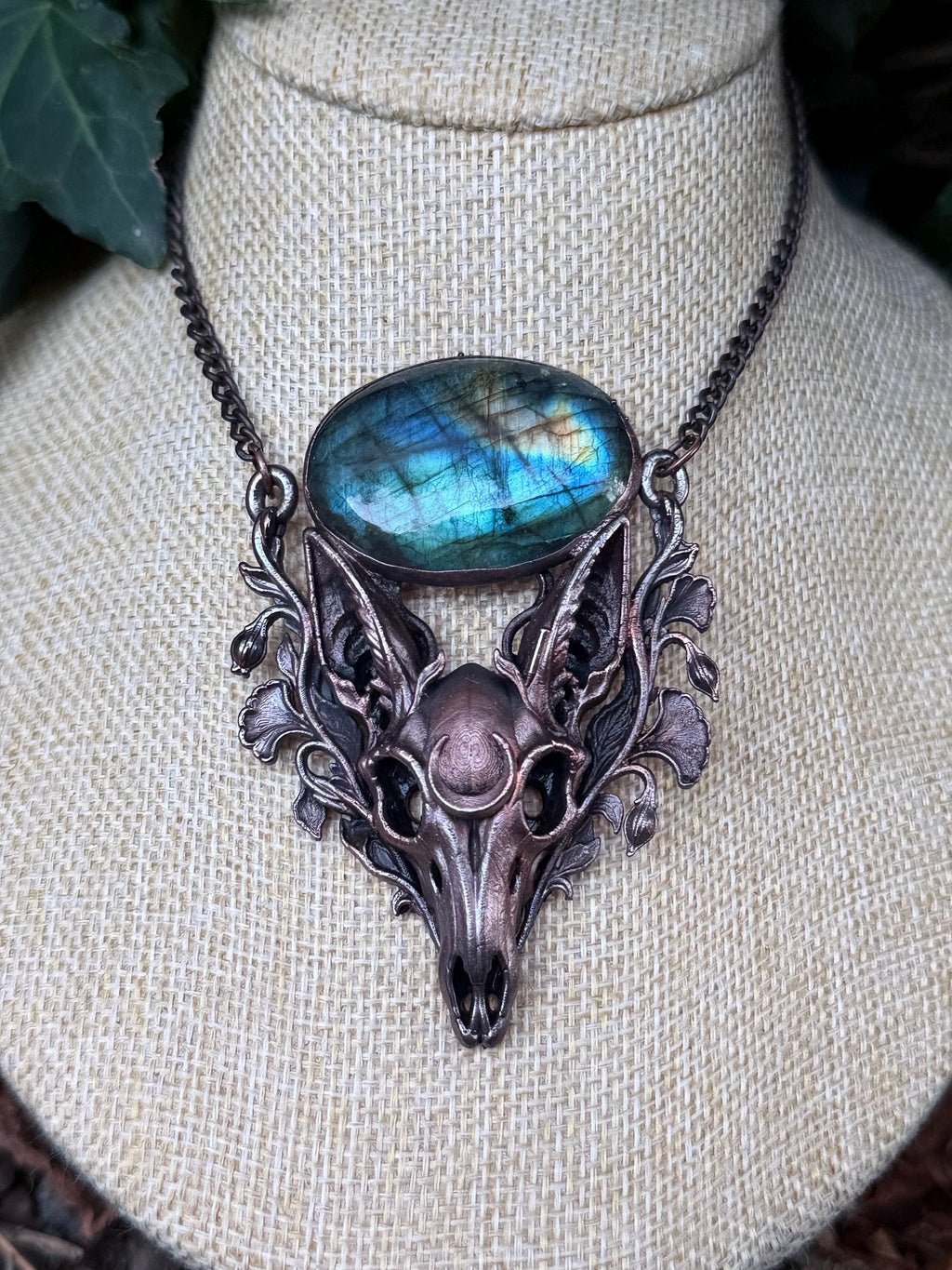 Fox Skull Necklace • Blue Labradorite & Botanical Copper Pendant • Gothic Woodland Jewelry • Electroformed Oddity Necklace