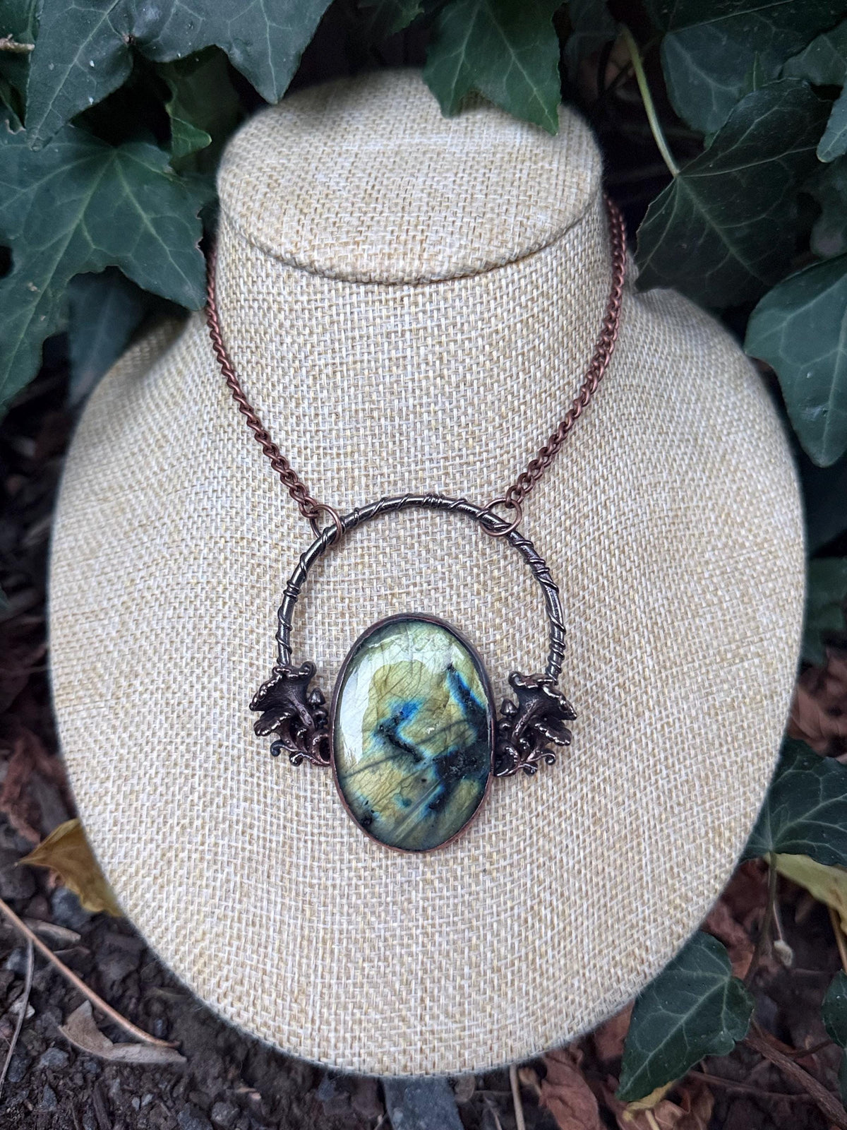 Labradorite Mushroom Necklace • Electroformed Copper Fungi Pendant • Gothic Woodland Jewelry • Witchy Forest Talisman