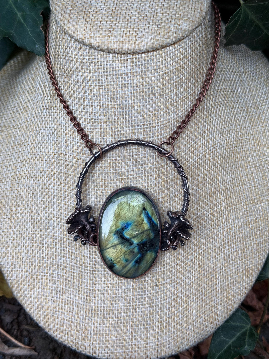 Labradorite Mushroom Necklace • Electroformed Copper Fungi Pendant • Gothic Woodland Jewelry • Witchy Forest Talisman