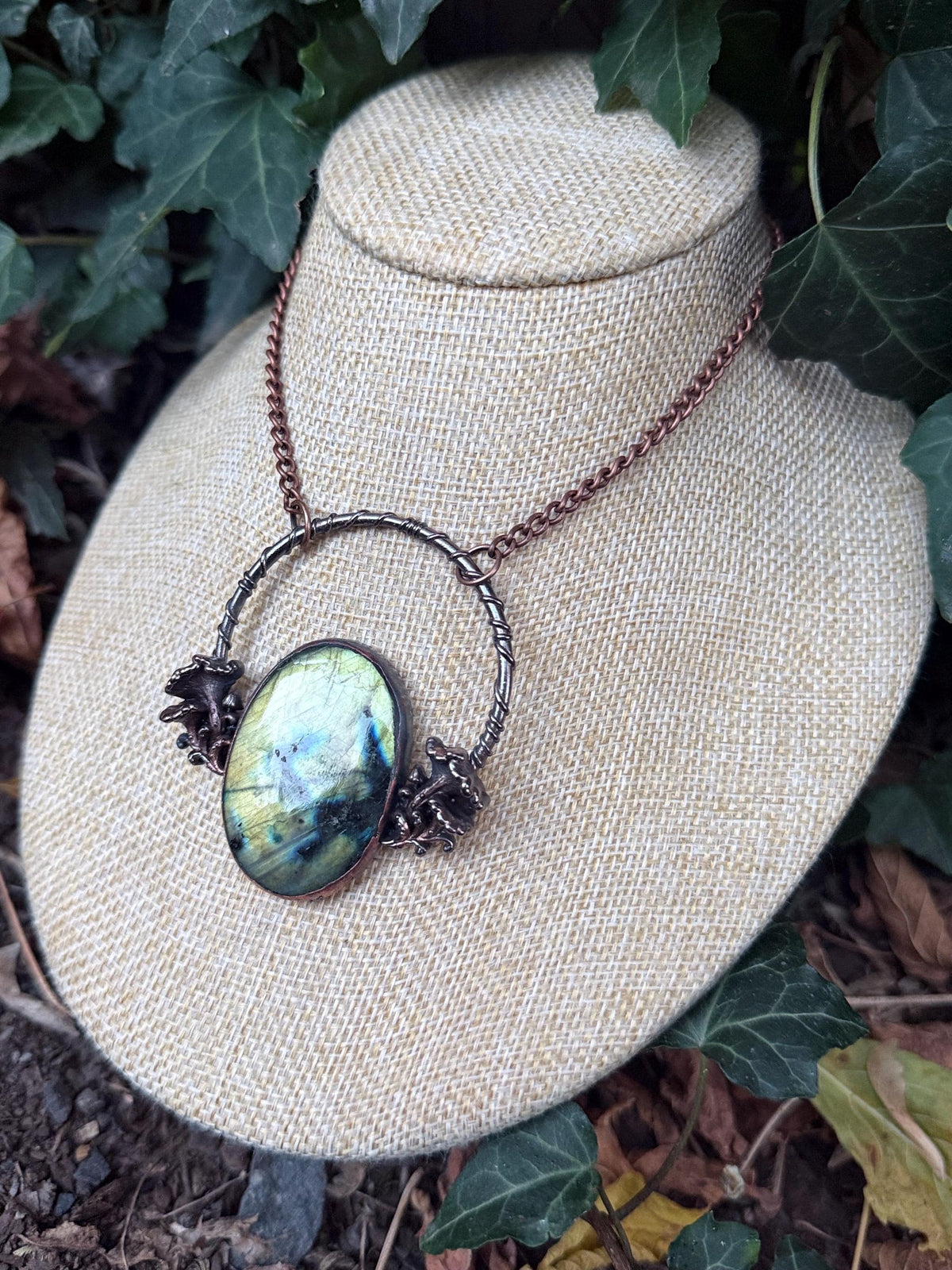 Labradorite Mushroom Necklace • Electroformed Copper Fungi Pendant • Gothic Woodland Jewelry • Witchy Forest Talisman