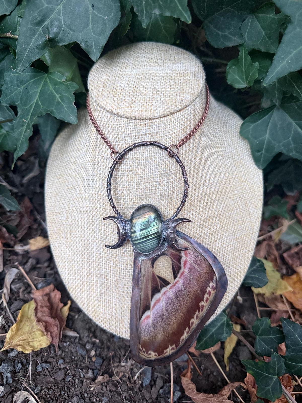 Luna Moth Wing Necklace • Labradorite & Crescent Moons • Electroformed Copper • Gothic Moth Jewelry • Celestial Statement Necklace