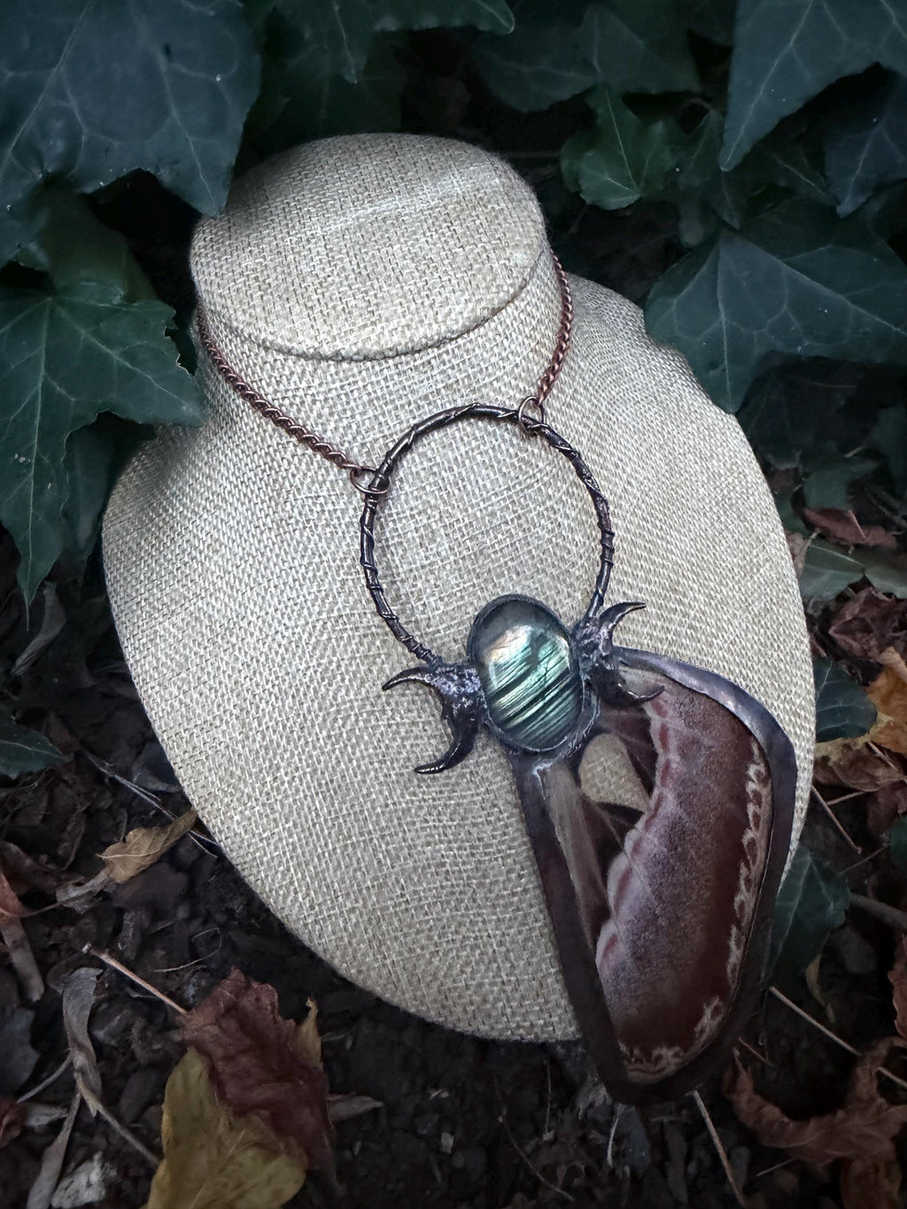 Luna Moth Wing Necklace • Labradorite & Crescent Moons • Electroformed Copper • Gothic Moth Jewelry • Celestial Statement Necklace