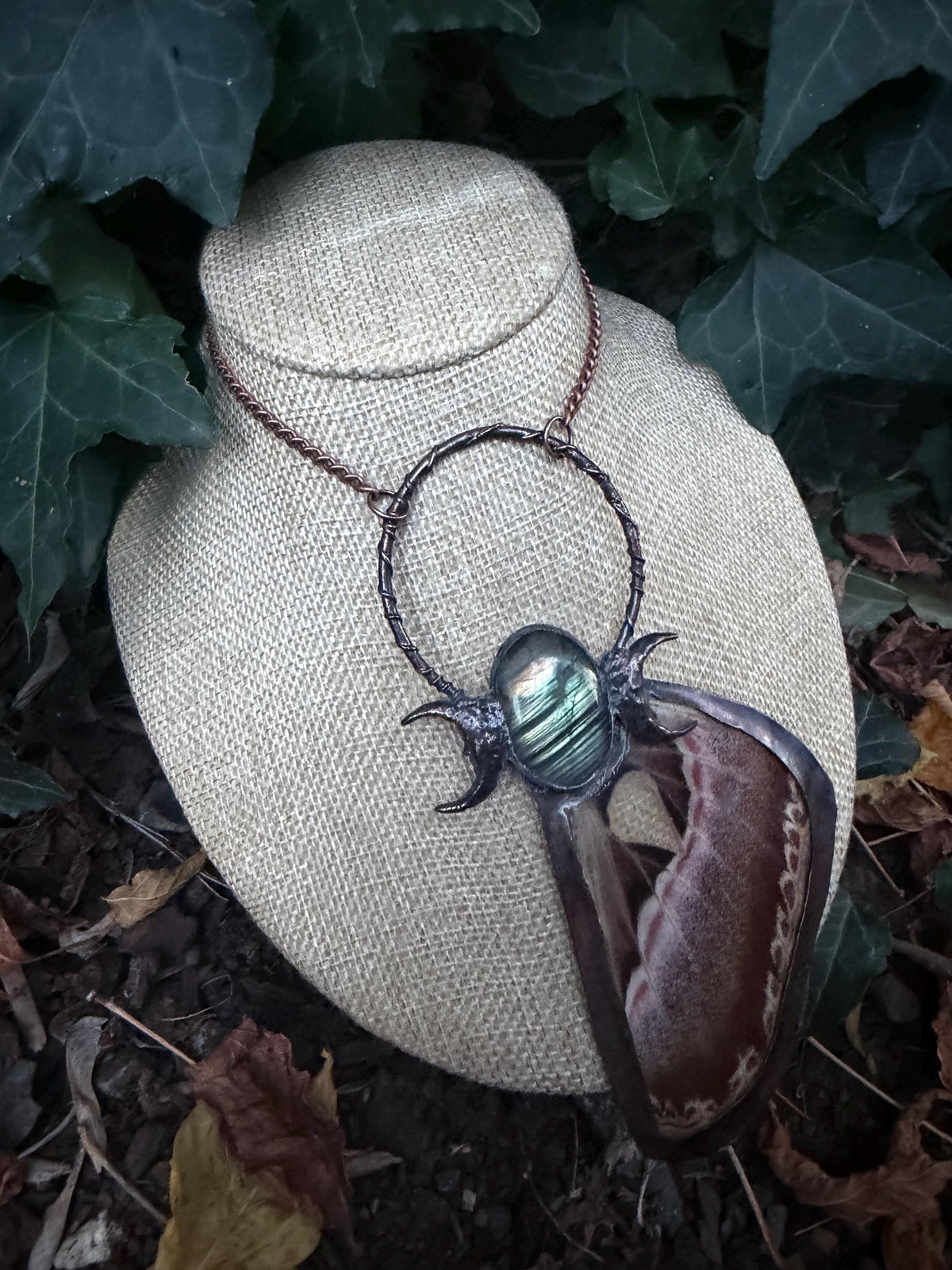 Luna Moth Wing Necklace • Labradorite & Crescent Moons • Electroformed Copper • Gothic Moth Jewelry • Celestial Statement Necklace