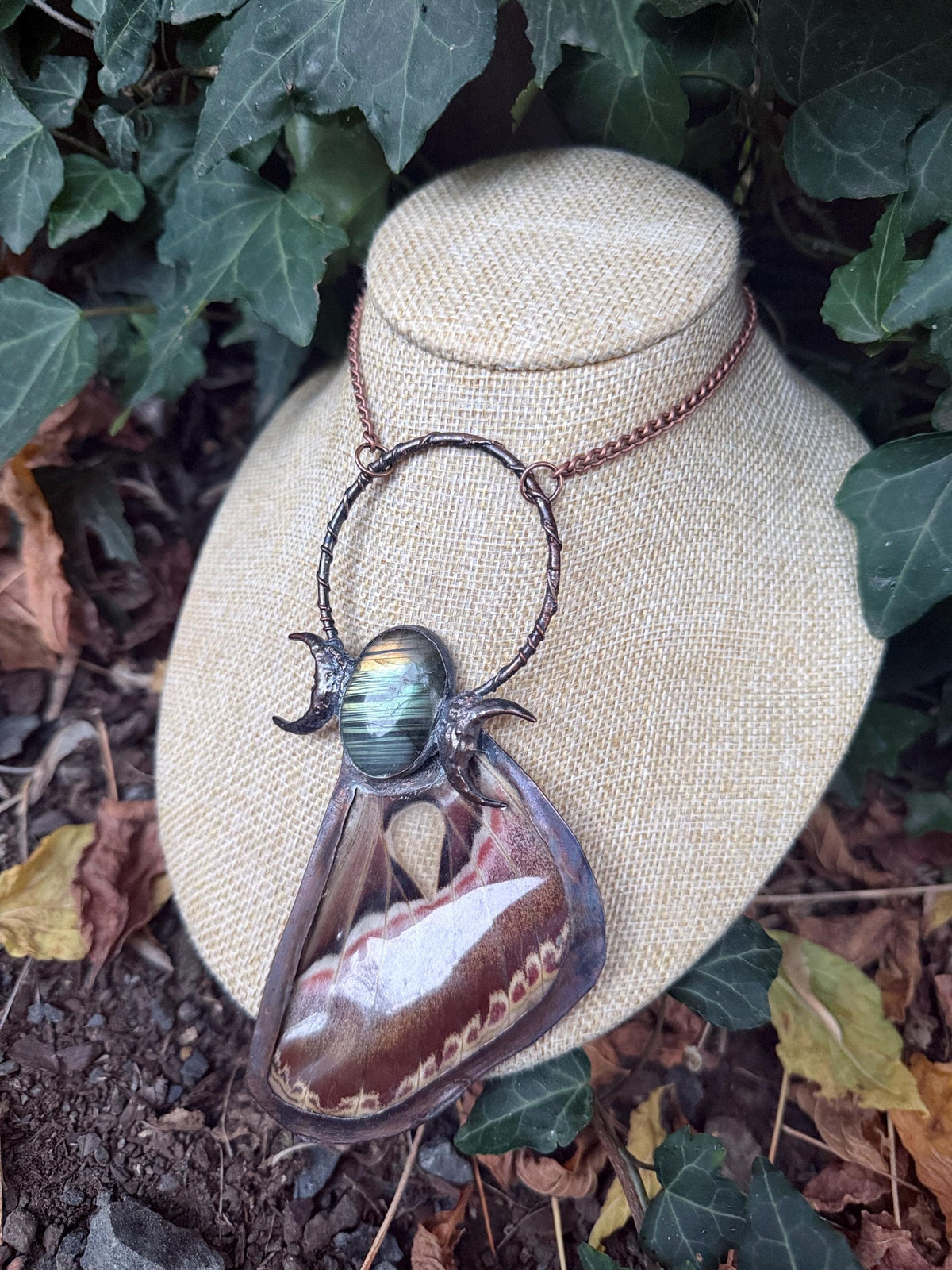 Luna Moth Wing Necklace • Labradorite & Crescent Moons • Electroformed Copper • Gothic Moth Jewelry • Celestial Statement Necklace