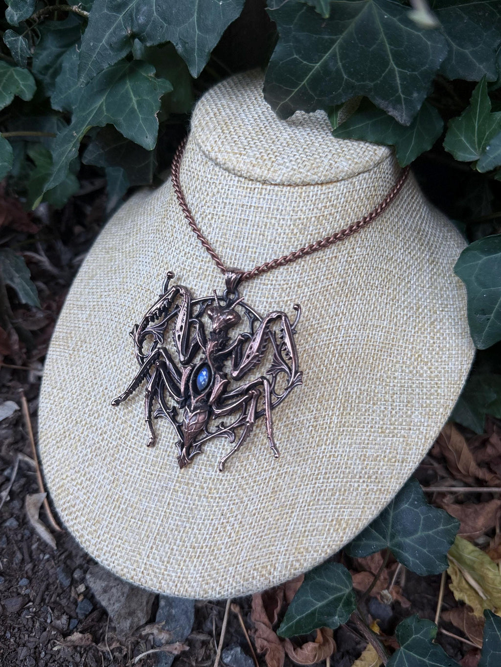 The Unholy Devotion • Electroformed Copper and Moonstone Praying Mantis Pendant • Biomechanical Gothic Jewelry