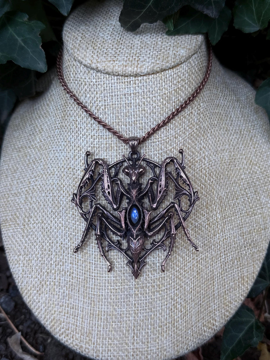 The Unholy Devotion • Electroformed Copper and Moonstone Praying Mantis Pendant • Biomechanical Gothic Jewelry