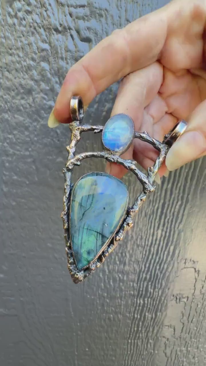 Cathedral Labradorite & Moonstone Twig Pendant • One of a Kind • Electroformed Copper Woodland Necklace