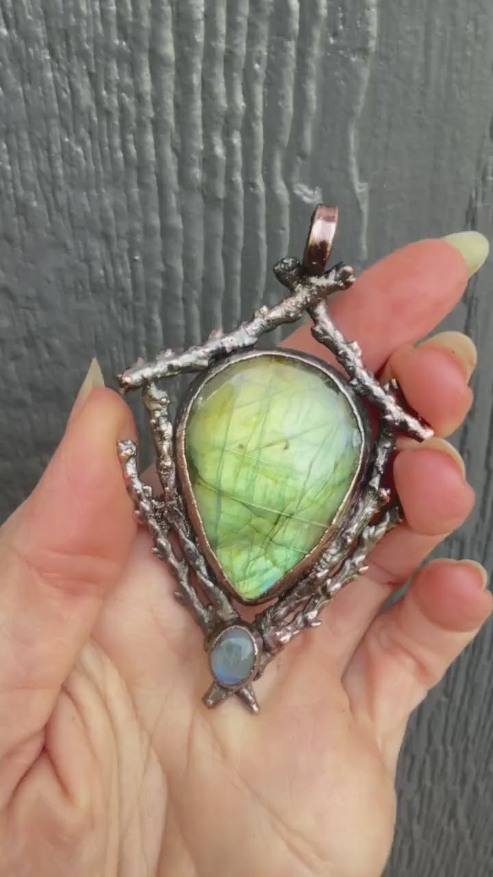 Labradorite & Moonstone Twig Pendant • Electroformed Copper • One of a Kind Woodland Necklace