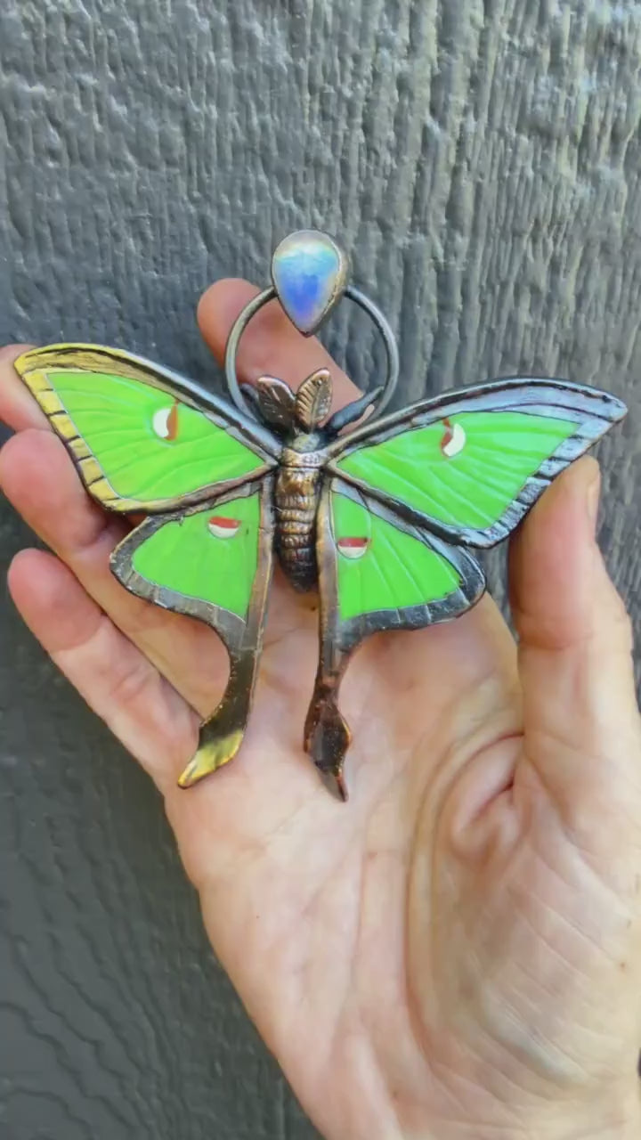 Luna Moth Pendant • Moonstone • Electroformed Copper • Nature Inspired Necklace
