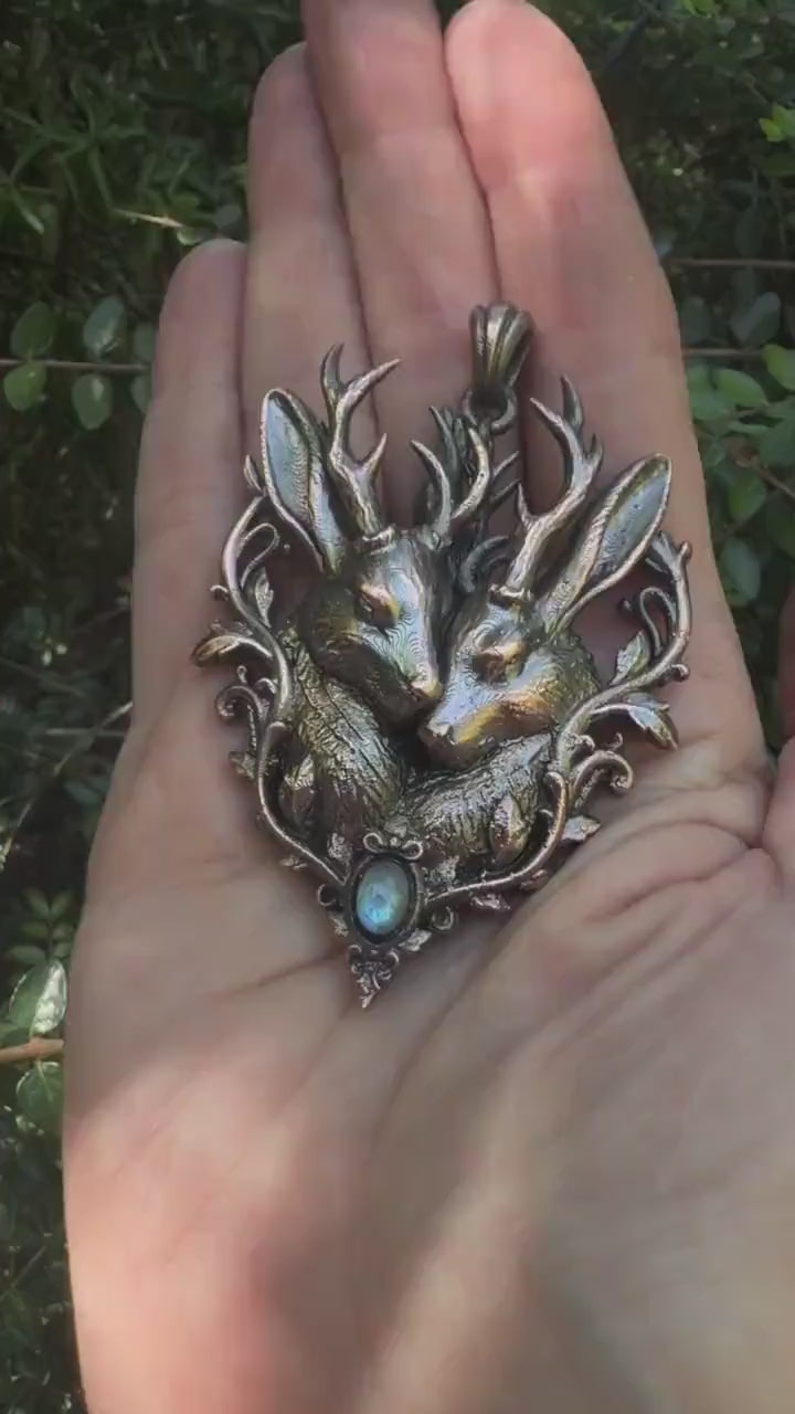 Jackalope Soulmates Pendant • Moonstone • Electroformed Copper • Original Sculpture