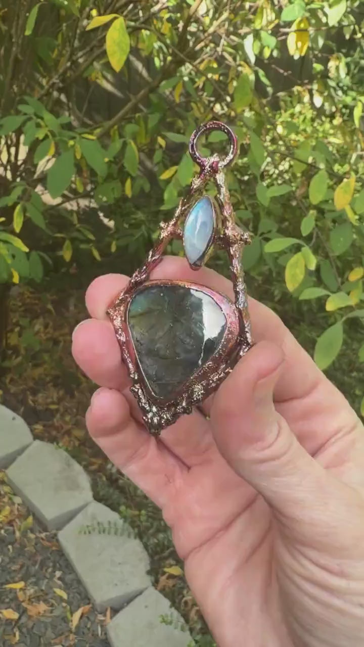 Labradorite Twig Frame Pendant • Electroformed Copper • Botanical Necklace • Gothic Nature Jewelry